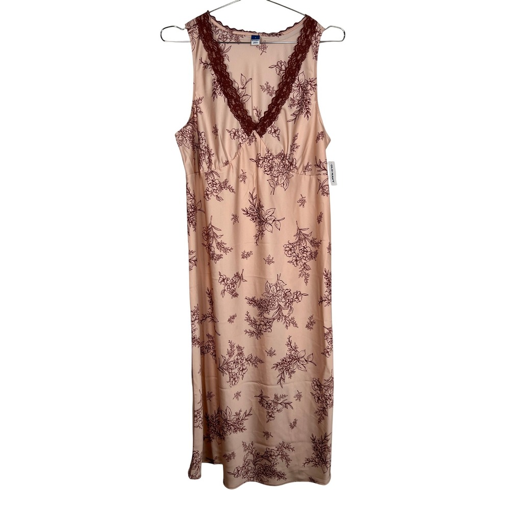 Old Navy Pink Floral Lace Trim Satin Midi Dress Romantic Sleeveless Chemise